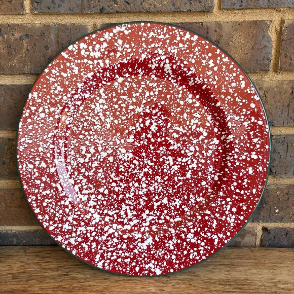 Robert Stanley Enamelware Serving Plates Chargers Red White Speckled Green Edge - Picture 8 of 13